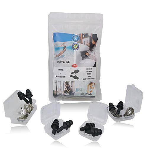Ear Plugs Set, 4 Pairs of Reusable, Silicone, Waterproof, Noise Reduction, Earplugs for Sleeping, Swim, Snoring, Concerts, 32db Highest Nrr, Each Comes with A Storage Box, Bonus Travel Pouch of 2.