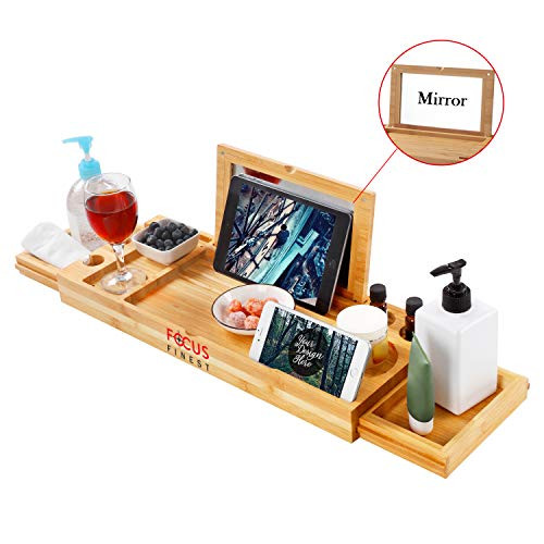 Fox Flower Bath Tray for Tub, Adjustable Bathtub Tray with Extending Side?Bathtub Caddy with Mirror, Book Tablet, Wineglass Holder and Towel Holder, Bamboo