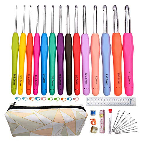 Meikeer Crochet Hooks Set 14Pcs Ergonomic Crochet Hooks with Case for Arthritic Hands Extra Long Crochet Needles 2mm(B)-10mm(N) Large-Eye Blunt Knitting Needles