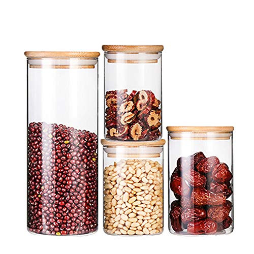 VIVILINEN Glass Storage Jar Containers Food Storage Canisters with Airtight Bamboo Lid for Serving Tea Coffee Spice Flour Sugar Candy Snack and More 4pcs Set (34oz 17oz 9oz x 2)