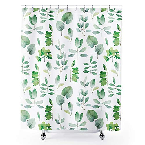 Homewelle Green Leaves Shower Curtain Floral Eucalyptus Branches 60Wx72L Inch Plants Nature Fresh Waterproof 12 Pack Plastic Shower Hooks Polyester Fabric Bathroom Bathtub