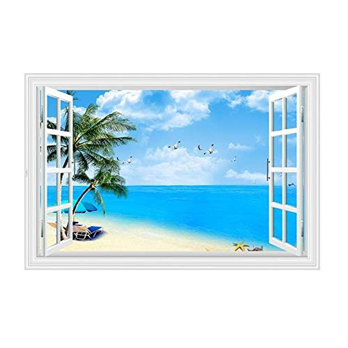 Mendom Fake Windows Wall Sticker, Removable 3D Beach Seascape Faux Windows Wall Decals for Bedroom Living Room Decoration,24"x18"