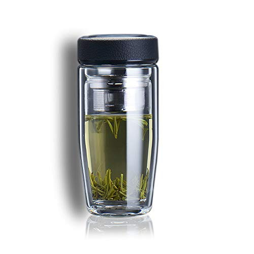 ADORBO Tea Infuser Glass Water Bottle, Double Wall Glass Tea Tumbler with Strainer for Loose Leaf Tea and Fruit