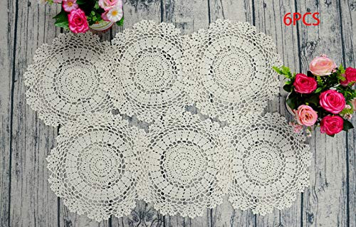 TOSEEY 6pcs Crochet Doilies for Kitchen Coasters Doilies Round Handmade Crochet Cotton Lace Glass Bowl Dish Dining Place Mats (11 Inch Beige)