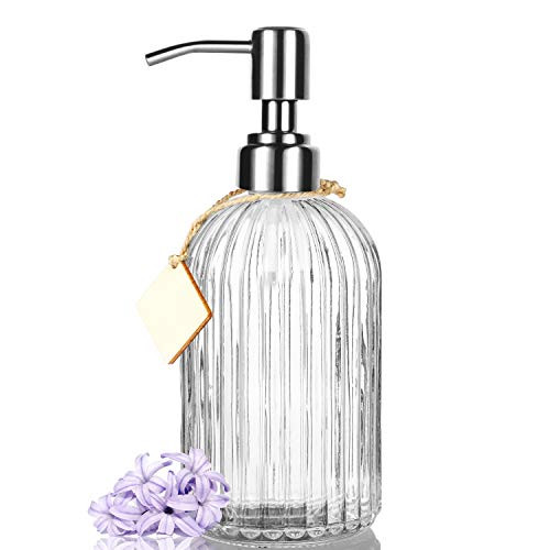 Pretigo Bathroom Soap Dispenser with Premium Clear Glass, Rust Proof Stainless Steel Pump, Refillable Liquid Hand Soap Dispenser 16 Oz (Clear)