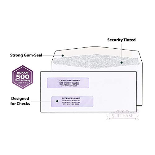 500 Gummed Security Check Envelopes, Double Window, Pattern Security - Designed for Quick-Books Printed Checks - Computer Printed Check, Gum Seal, 3 5/8 X 8 11/16 - Box of 500-