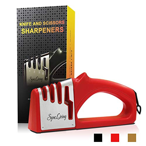 Sync Living Knife and Scissor Sharpeners,4 Stage Knife Sharpener, 4-in-1 Knife and Scissors Sharpener with Diamond, Ceramic, Tungsten, Kitchen Tools for Kinds of Knives, Red