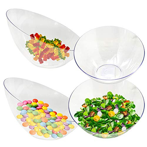 Clear Angled Bowls | 20 oz Plastic Bowls for Candy, Snacks, Salads | Bowls for Weddings, Parties, Events (12 Pack)