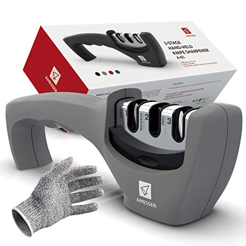 Kitchen Knife Sharpener - 3 Stage Knife Sharpening Tool Sharpens Chef's Knives - Kitchen Accessories Help Repair, Restore and Polish Blades Quickly, Food Safety Cut Resistant Glove Included, Gray