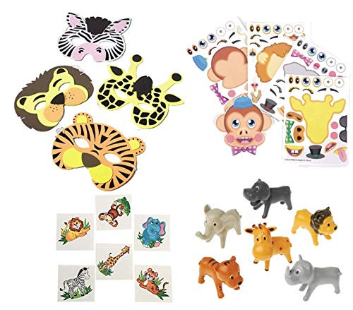 72 Piece Zoo Animal Party Favor Set- Masks, Figures, Stickers, and Tattoos