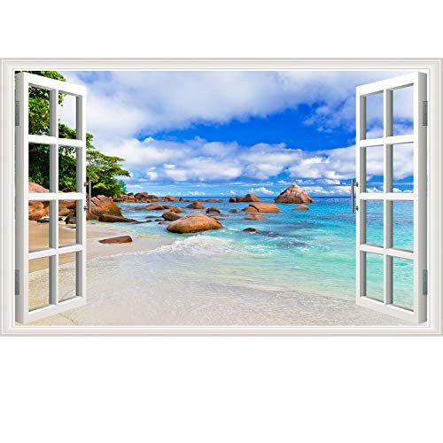 Rajahubri 3D Beach Fake Window Wall Stickers Blue Sky Window View Wall Decals Seascape Wall Sticker Removable Ocean Beach Wall Decals for Bedroom Kids Room