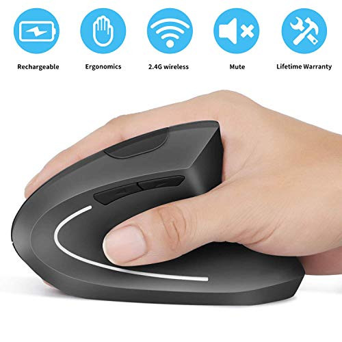 Rechargeable Ergonomic Mouse, Vertical Wireless Mouse, 2.4G Vertical Optical Mouse, Adjustable DPI 800/1200 /1600, 6 Buttons, for Laptop, PC, Computer, Desktop, Notebook etc, MacBook - Gray
