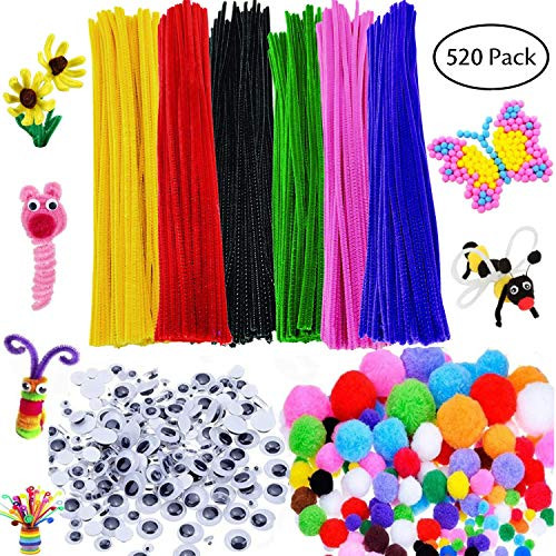 Pipe Cleaners Craft Sets 520 Pack, Including 120 Pcs Craft Chenille Stems, 200 Pcs Pom Poms, 200 Pcs Wiggle Eyes Self Adhesive, Assorted Colors and Assorted Sizes for DIY Art Supplies