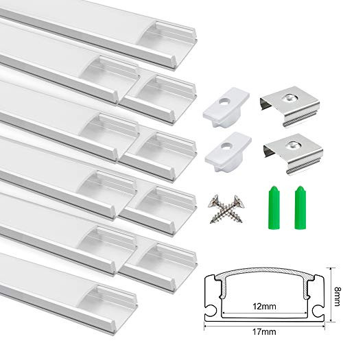 3.3ft/1M LED Aluminum Channel System, U Shape 8x17mm Extrusion Profile for Interval Width 12mm LED Strip Light with Milky White Curved Diffuser Cover, End Caps and Mounting Clips, Silver, 10-Pack