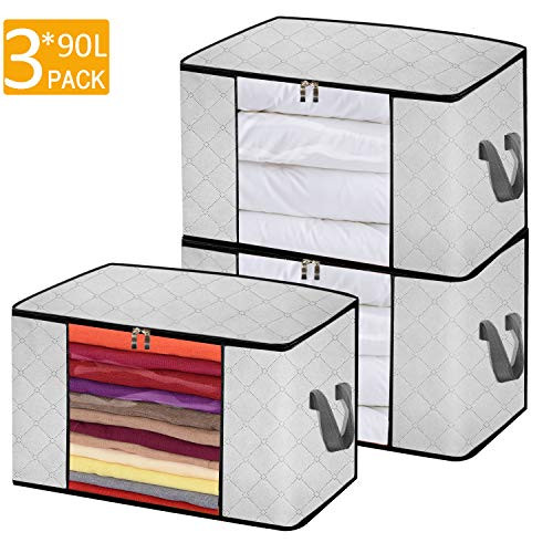 Comforter Bags Storage Closet Organizer Clothes Storage Bags for Bedding Blanket Storage with Reinforced Handle Thick Fabric, Foldable with Sturdy Zipper, Clear Window, 3 Pack, 90L, Grey