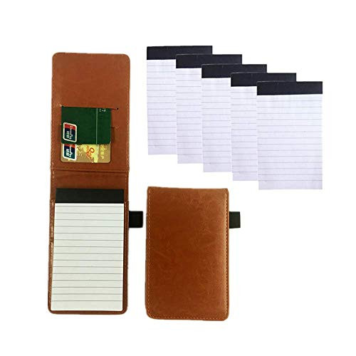 Mini Pocket Notepad Holder Included with 50 Lined Sheets,Refillable,with Notebook Refills,Memo Book Refills 5 Pack 3x5 Inch Sized Writing Pad with 30 Lined Paper Per Note Pad (Brown)