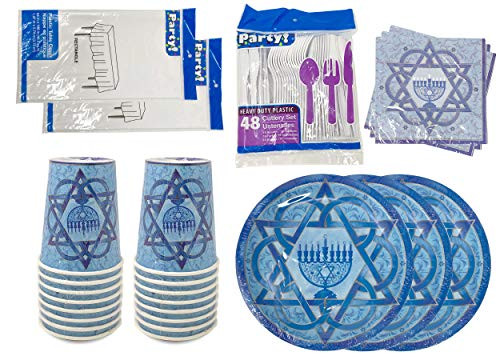 Hanukkah Party Supply Bundles with Plates, Napkins, Cups Tablecover and Cutlery Sets (5 Items) for Small or Large Chanukah Party (Large 16 Guests Set)