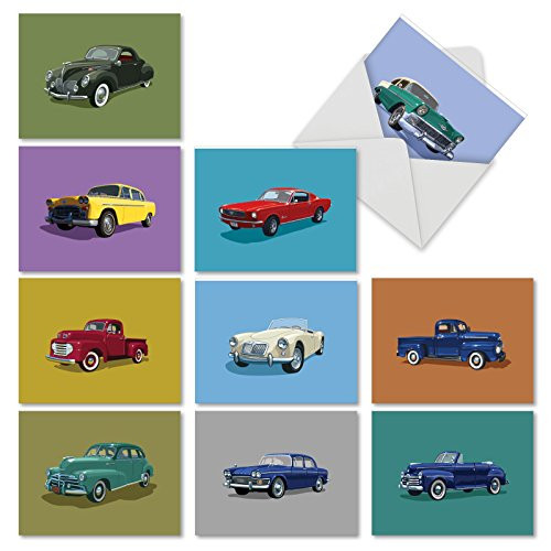 The Best Card Company - 10 Assorted Greeting Cards Blank (4 x 5.12 Inch) - All Occasion Vehicle Notecard Set - Vintage Vehicles M4182OCB-B1x10