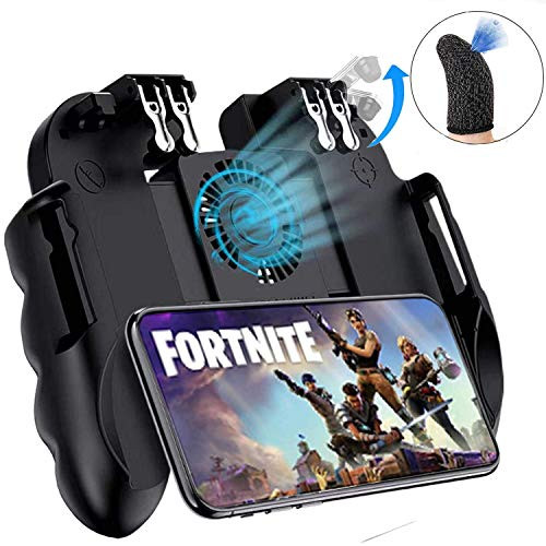 Mobile Game Controller with Cooling Fan/Phone Holder/Finger Sleeves for PUBG/Fortnite/Call of Duty, Tomoda L1R1 Mobile Triggers for 4.7-6.5 iOS Android Phones