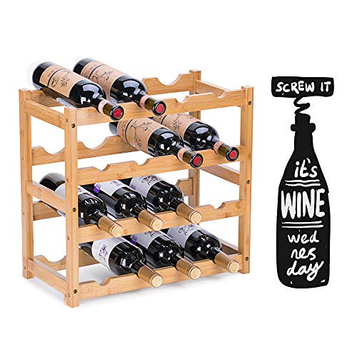FOSTERSOURCE Wine Rack, Natural Bamboo Storage Rack Freestanding Countertop Stackable Display Shelf Wine Bottle Holder (4-Tiers 16-Bottles)