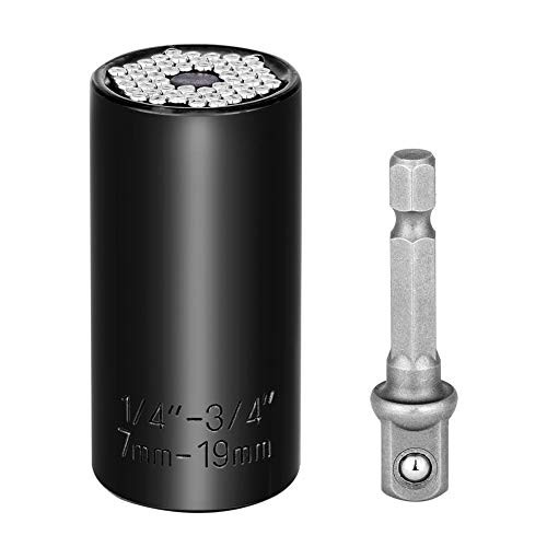 Yohii Universal Socket Set, Professional 7mm-19mm / 1/4"-3/4" Grip Socket Set Ratchet Wrench Power Drill Adapter, Black