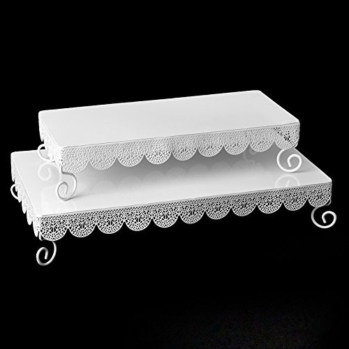 Simply Elegant White Metal Rectangle Cake Stands Set of Two 14" and 17" Long, Lattice Borders
