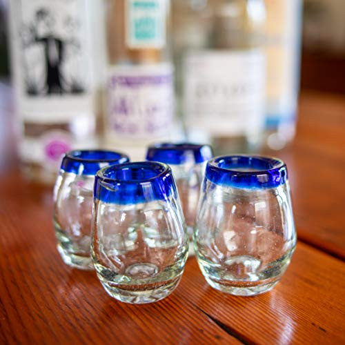 Mexican Shot Glasses | Hand-Blown, Artisan Crafted | Blue Rim Barrel Design | Perfect for Tequila or Mezcal | 2 oz. | Set of 4