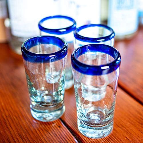 Mexican Shot Glasses | Hand-Blown, Artisan Crafted | Blue Rim, Conical Design | Perfect for Tequila or Mezcal | 2.5 oz. | Set of 4