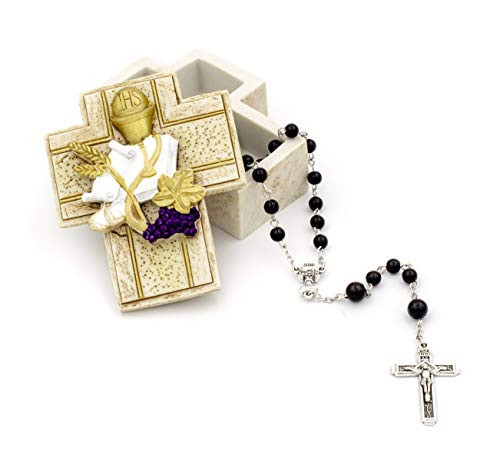 First Holy Communion Cross Rosary Case Gift Set Includes Black Bead Communion Rosary with Chalice Centerpiece and detailed Crucifix and Beautiful two Piece Cross Shape Communion Elements Rosary Box (Boy)