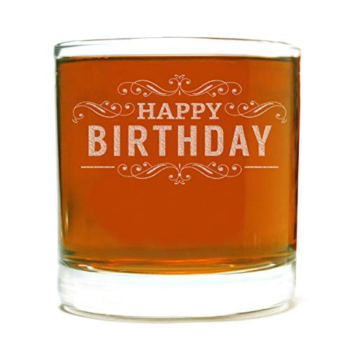 Happy Birthday (English) Etched Whiskey Rocks Lowball Glass