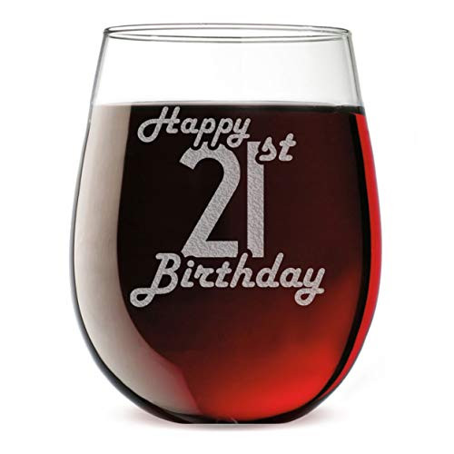 Etched 17oz Stemless Wine Glass - Happy 21st Birthday - 21 Years Old Gifts