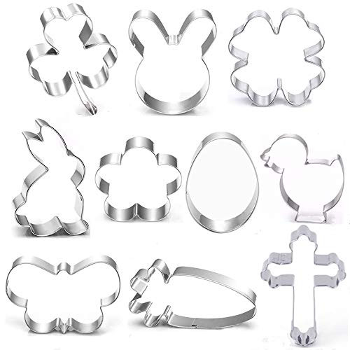 BakingWorld Easter Cookie Cutter Set-10 Piece-Flower Butterfly Shamrock Clover Chick Carrot Egg Bunny Rabbite Cross Shapes Stainless Steel Fondant Molds for Holiday Party Decorations