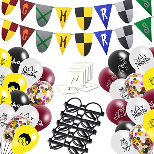 Grill Bump 24pcs Wizard Glasses and 24pcs Lightning Bolt Tattoos, 40pcs Wizard Balloons, 2 Packs Wizard Felt Banners Wizard Themes Party Supplies Decorations Favor; 90pcs in All