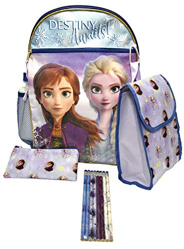 Frozen II Anna & Elsa Backpack Set - 7-pc Bundle includes Backpack, Lunchbag, Water Bottle, Pencil Case, Carbiner, plus Pencils and Stickers