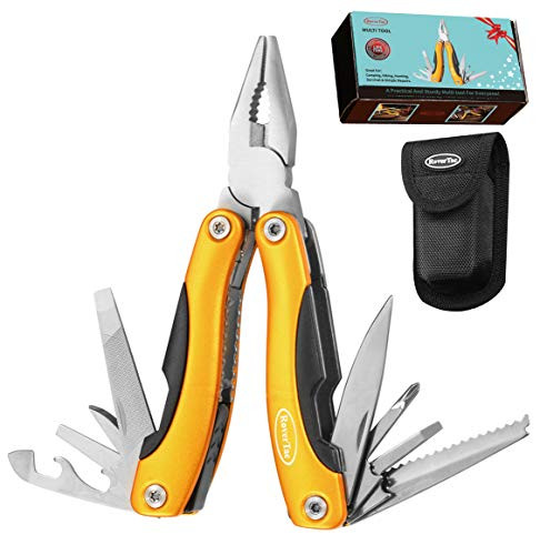 RoverTac Multitool with Safety Locking Handy Gifts for Dad 12 in 1 Multifuntional Multi Tool with Pliers Knife Bottle Opener Screwdriver Saw Perfect for Outdoor Survival Camping Hiking Simple Repair