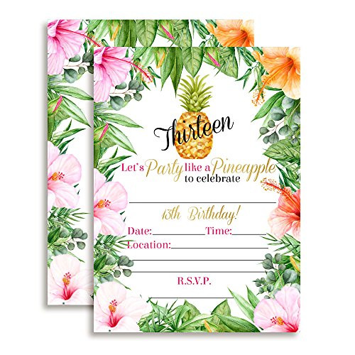 13th Birthday Tropical Flowers Pineapple Aloha Luau Party Invitations, 20 5"x7" Fill In Cards with Twenty White Envelopes by AmandaCreation