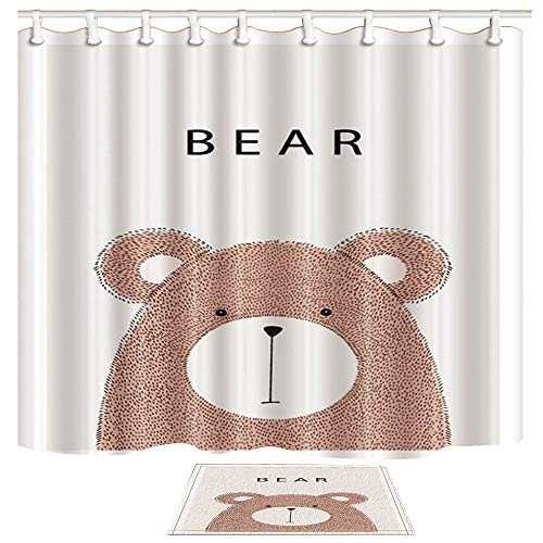 ChuaMi Animal Shower Curtain Bear Set, Cute and Funny Bear Sample, Milky White and Orange, Bathroom Decor Plastic Fabric 69 x 70 Inches with Hooks and Mildew Resistant Waterproof 40 x 60cm Bath Mat
