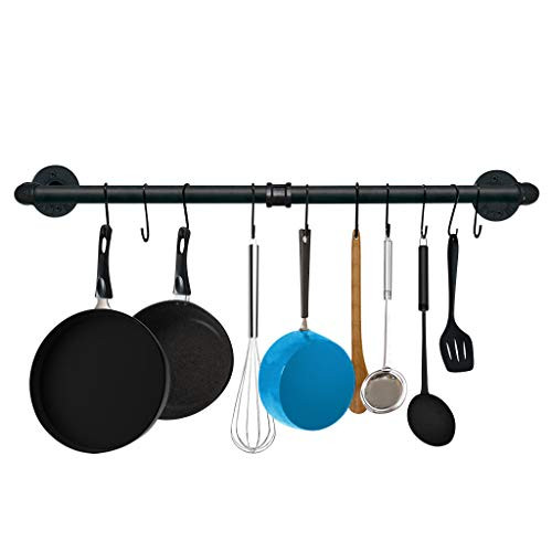 TLBTEK 31.5 Inch Black Pipe Pot Rack Wall Mounted,Pots and Pans Hanging Organizer,Pot Lid Utensil Holder,Coffee Mug Rack,Cup Hanger Bar for kitchen with 10 Detachable S Hooks TLBTEK 31.5 Inch Black Pipe Pot Rack Wall Mounted,Pots and Pans Hanging Organizer,Pot Lid Utensil Holder,Coffee Mug Rack,Cup Hanger Bar for kitchen with 10 Detachable S Hooks