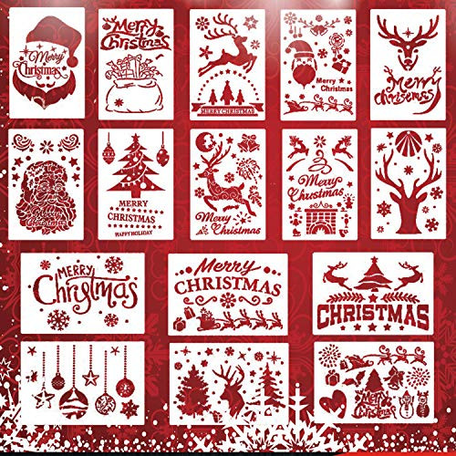 Christmas Stencils Template Reusable Plastic Craft Painting Stencils for Art Drawing Spraying Window Glass Door Car Wood Journaling Scrapbook Holiday Xmas Snowflake DIY Decoration (16 Pack)