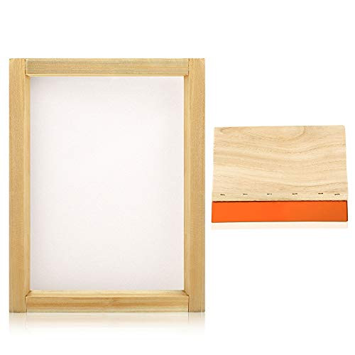 Caydo 8 x 10 Inch Wood Silk Screen Printing Frame with 110 White Mesh and 1 Piece 5.9 Inch Screen Printing Squeegee
