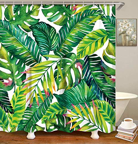 LIVILAN Tropical Shower Curtain, Green Banana Leaf Fabric Bathroom Curtains Set with Hooks Palm Leaves Bathroom Decor 72x72 Inches Machine Washable Modern
