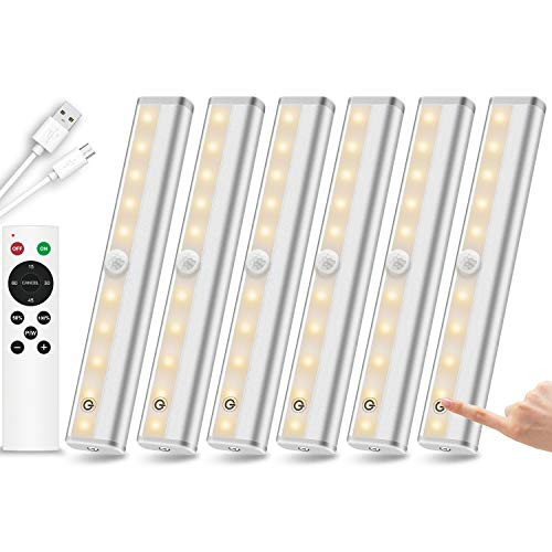 Remote Control Under Cabinet Lighting Wireless 6 Pack, 20-LED Dimmable Closet Lights Rechargeable Under Counter Light, Stick on Touch Night Light Strip Bar for Kitchen Stairway Bedroom, 3 Colors
