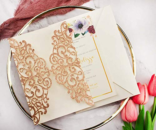 10 Set Rose Red Glitter 5x7 inch 250gsm Gold Rustic Laser Cut Pocket Wedding Invitations Cards with Envelopes for Wedding Bridal Shower Greeting Invites