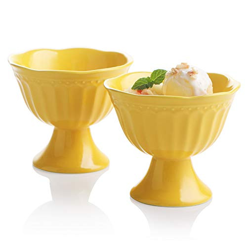 SWEEJAR Ceramic Ice Cream Bowls, Tulip Sundae Cups, 10 Ounce Dessert Bowls for Sundaes, Milkshakes, Parfaits, Set of 2,(Yellow)