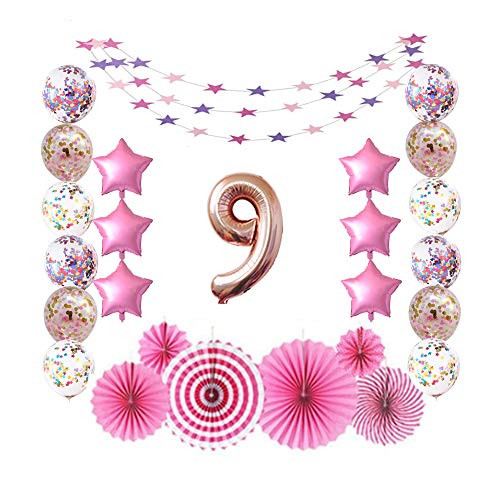 9 Rose Gold Number Foil Balloons for 9th Birthday Party Sign Supplies, Children's 9th Birthday Party Decorations