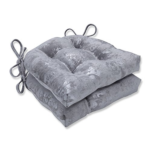 Pillow Perfect Indoor Metallic Suzani Gunmetal Reversible Chair Pad (Set of 2), Grey, 16 X 15.5 X 4