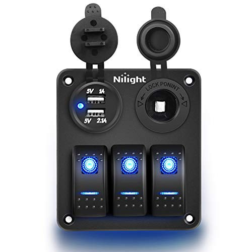 Nilight 3 Gang Rocker Switch Panel Waterproof Pre-wired Aluminum Switch Panel with Dual USB Charger Socket & Cigarette Lighter Socket 12V 24VDC ON OFF Switch Panel for Cars Rvs Trucks,2 Years Warranty