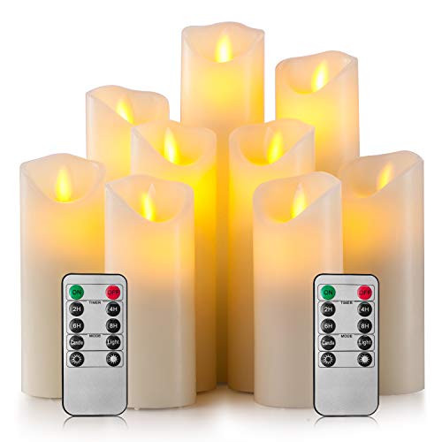 Enpornk Flameless Candles Led Electric Ivory Real Wax Battery Operated Candle Sets with Moving LED Flame & 10-Key Remote Control 2/4/6/8 Hours Timer, 4" 5" 6" 7" 8" 9" Pack of 9