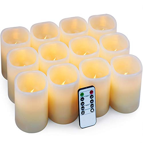 Vickiss Flameless Candles LED Candles Set of 12 (D:3" X H:4") Battery Operated Candles Flickering Bulb Pillar Ivory Real Wax Electric Candles with Remote and Timer for Home Decoration Vickiss Flameless Candles LED Candles Set of 12 (D:3" X H:4") Battery Operated Candles Flickering Bulb Pillar Ivory Real Wax Electric Candles with Remote and Timer for Home Decoration