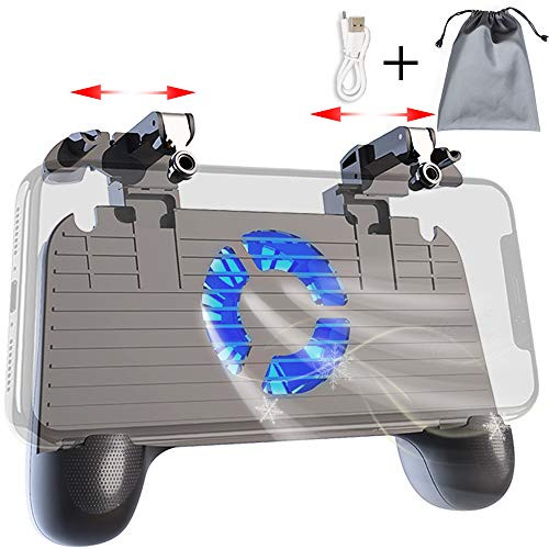 Mobile Controller with Power Bank Cooling Fan for Fortnite PUBG, Mobile Controller L1R1 Game Trigger Joystick Gamepad Grip Remote for 4-6.5" Android iOS Phone?Latest Version Blue Light 4000mAh?